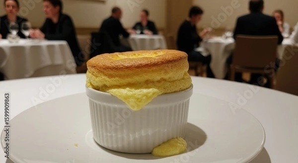 Obraz Exquisite Cheese Souffl? in Restaurant Setting, Culinary Artistry, Golden Crust, Elegant Dining Experience