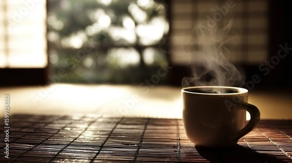 Obraz 和室の空き茶碗、湯気と柔らかな光

