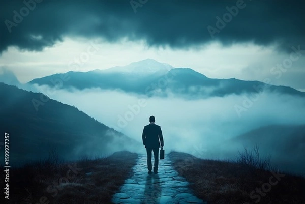 Fototapeta Businessman walking towards mountains in fog carrying a briefcase alone