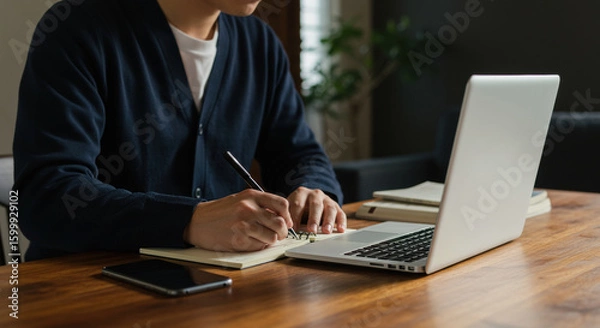 Obraz 自宅でノートPCで勉強をする男性の手元
