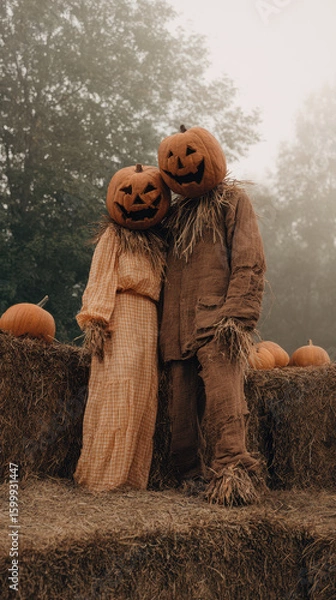 Fototapeta Couple in matching scarecrow costumes with pumpkin heads stands on hay bales