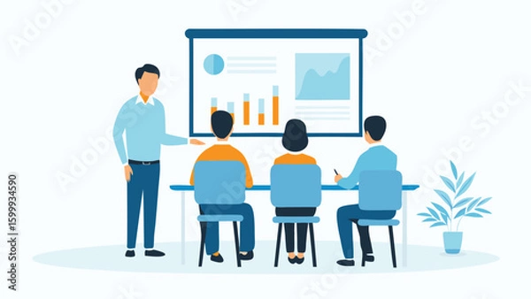 Fototapeta Man presenting a graph to a group of people sitting at a table in a meeting or training session room