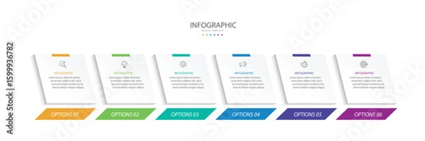 Fototapeta Business infographic template. 6 Step timeline journey. Process diagram, 3 options on white background, social media post, Infograph elements vector illustration.