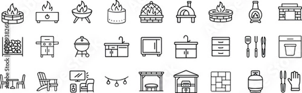 Fototapeta Outdoor kitchen icon set, fire pit and patio elements, barbecue grill tools, backyard design vector, editable stroke icons