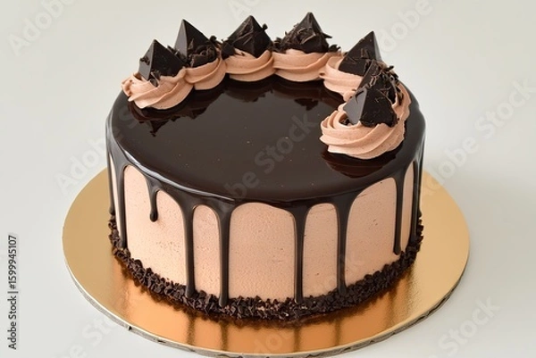 Fototapeta A round chocolate cake with a light brown frosting, topped with a glossy chocolate ganache that drips down the sides.  