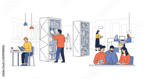 Fototapeta Diverse group of people working collaboratively in a modern office environment with bookshelves and technology creating an atmosphere of innovation and productivity