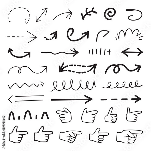 Obraz Collection of hand drawn arrows and pointing fingers on white background