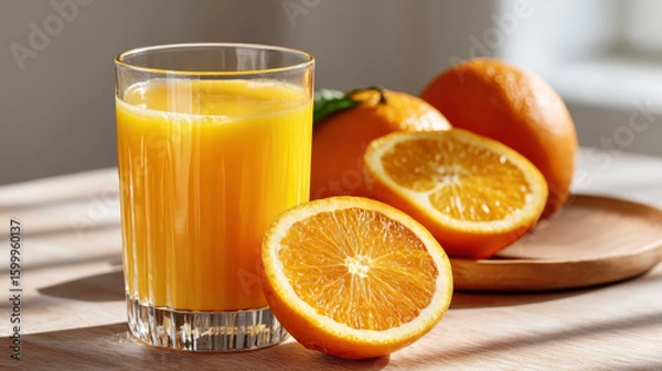 Fototapeta Glass of fresh orange juice with sliced oranges in sunlight