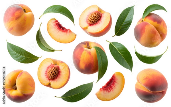 Fototapeta set of peach fruit with half slice and green leaves isolated on transparent white background