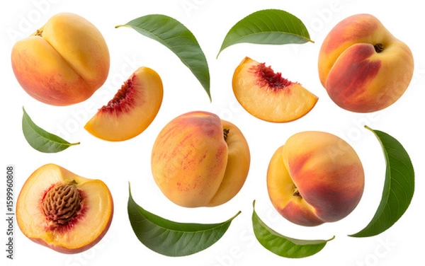 Fototapeta set of peach fruit with half slice and green leaves isolated on transparent white background
