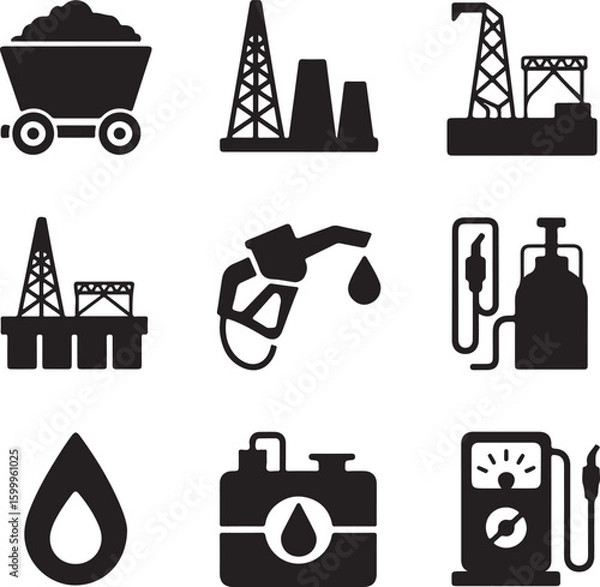 Fototapeta Petroleum and Mining Symbols Filled Icon Pack of Fossil Fuel Extraction and Processing