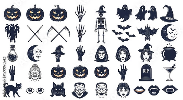 Obraz A spooky assortment of halloween icons featuring pumpkins, ghosts, skeletons, bats, witches, and more isolated on transparent background