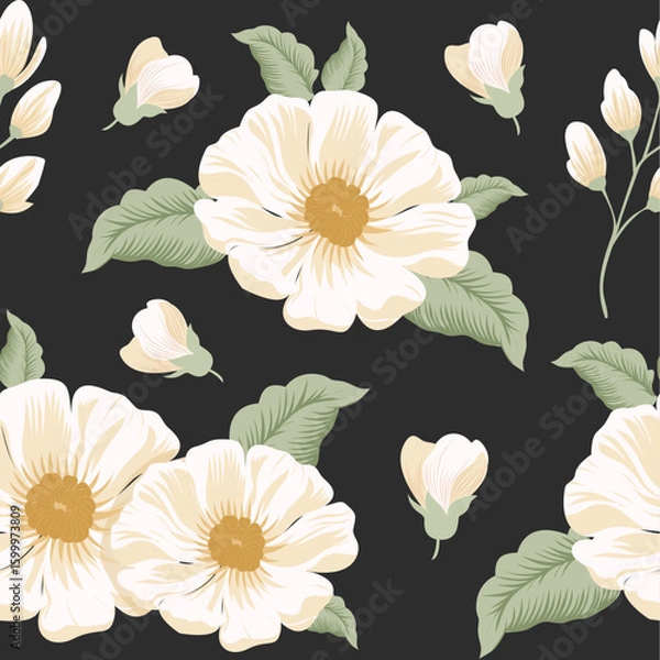 Obraz Bold floral pattern with large white flowers and green leaves on a black background. Great for fashion, stationery, or home decor.