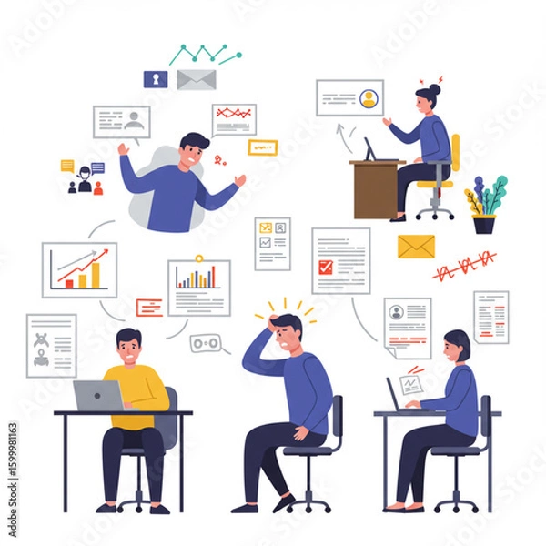 Obraz Illustration of stressed office workers overwhelmed by tasks, deadlines, and communication overload in a busy work environment.