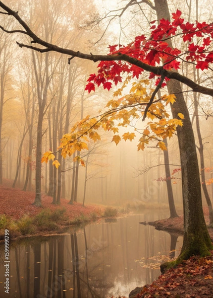 Fototapeta 4K Autumn Forest with colorful leaves and stream
