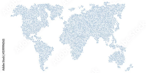 Obraz Digital world map of blue dots on white background. Futuristic technology concept for global data and communication. Backdrop for tech presentations or infographics. Vector illustration.