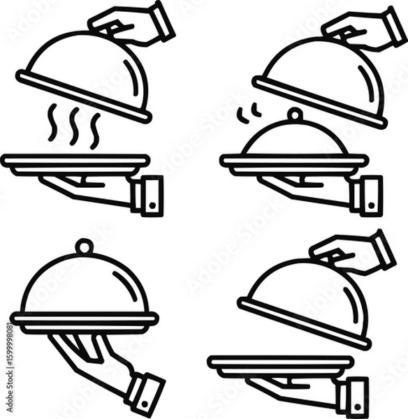 Fototapeta Elegant Serving Gesture Outline Icons – Hand with Cloche on Plate Vector Set