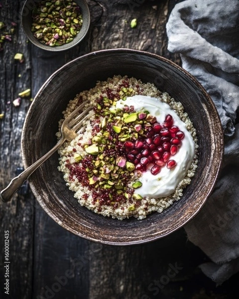 Obraz fluffy quinoa in bowl with ruby-red pomegranate seeds, crushed pistachios, and creamy natural yogurt on dark wood  background with shadow.