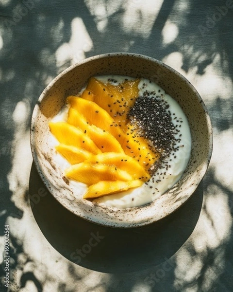 Obraz Yogurt in bowl with mango and chia seeds with deep shadow. tropical superfood breakfast that's fresh, creamy, and organic