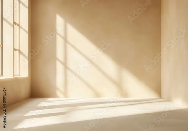 Fototapeta light beige  background for advertising products text, with sun falling on the walls of the room through the window frame