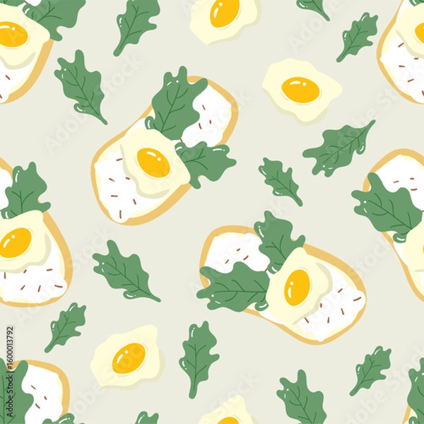 Fototapeta Egg with vegetables, and toasted on a beige background. Food seamless pattern for clothing, fabric, wallpaper, backdrop, home decoration, cover book, and wall art.