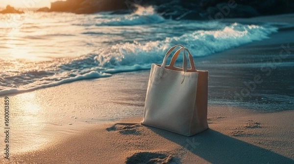 Fototapeta A hyper-realistic mockup of a tote bag resting on a sandy beach, AI Generative.