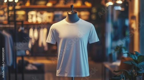 Fototapeta A photorealistic close-up mockup of a T-shirt on a mannequin in a modern boutique, AI Generative.