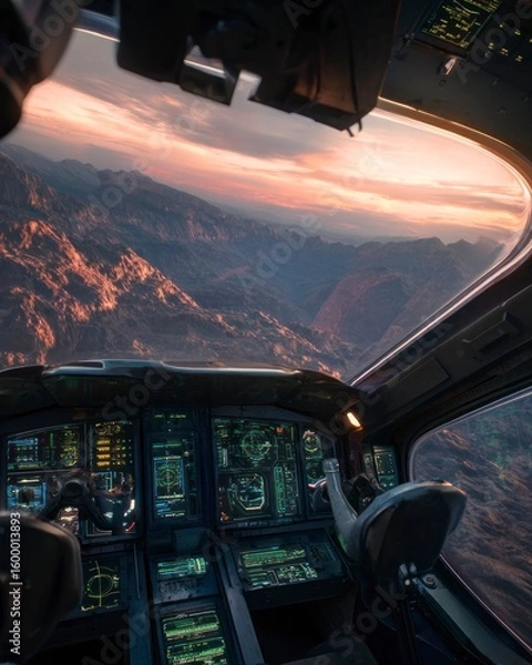 Obraz pilot cockpit view during planetary landing, with rocky surface of  alien planet. Technology supports interstellar travel and descentphase operations.
