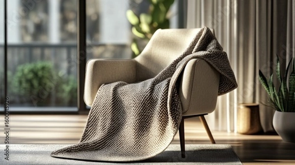 Fototapeta A photorealistic mockup of a designer throw blanket draped over a chair in a modern living room, AI Generative.