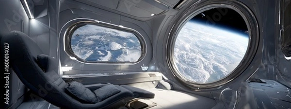 Obraz  space station cabin with ergonomic chair for relax and large panoramic window with view of Earth. futuristic architecture and scientific atmosphere. banner 