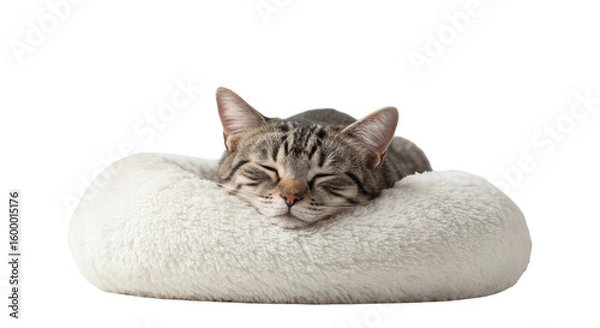 Fototapeta A tabby cat rests peacefully in a soft, white cushion.
