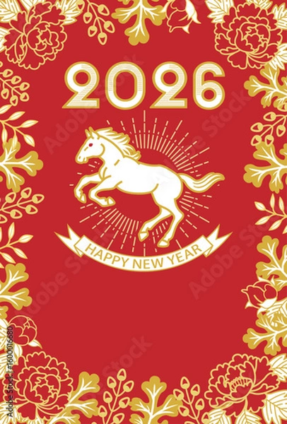 Fototapeta 2026 年賀状テンプレート - 跳ねる馬と光輪　植物の装飾フレーム　赤色背景