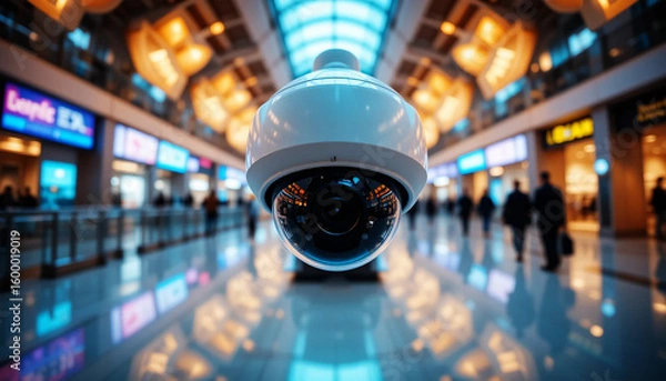 Obraz High-Resolution Dome CCTV Security Camera in Modern Commercial Building