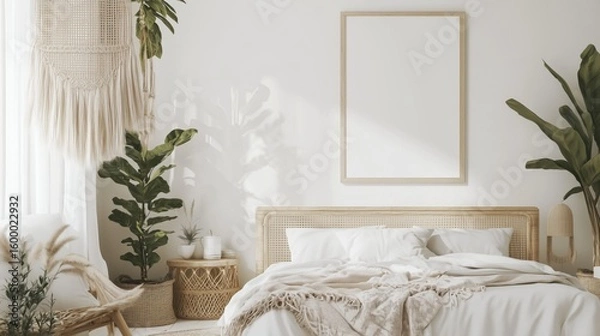 Fototapeta A bright, modern boho bedroom with white walls, rattan furniture, woven textiles, and potted plants. 