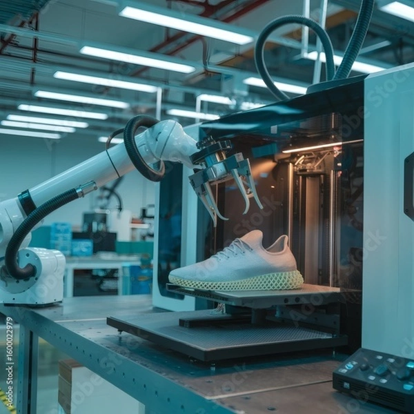 Fototapeta Micro-factory producing 3D-printed sneakers, robotic arm removing finished product. Sustainable manufacturing, industrial-chic lighting. 