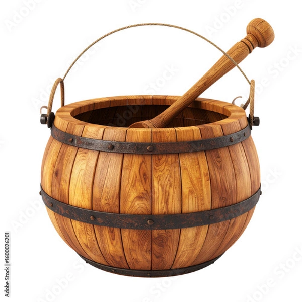 Fototapeta there is a wooden bucket with a wooden handle and a wooden stick
