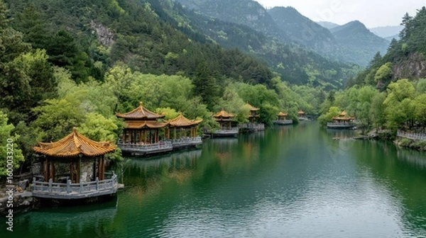 Obraz Serene mountain lake with pagodas