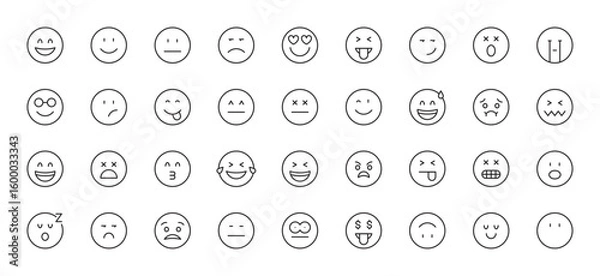 Fototapeta Emoji icon set. Smiley, coolness, laughter, joy, nauseous, happy, mistake, shock, love of money, loving, excited, wink, sleep, crying, angry, shame. Emotion sign. Vector illustration. Editable stroke.