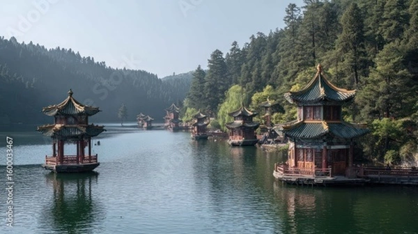 Obraz Tranquil lake with floating pagodas