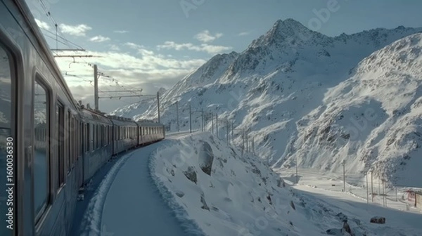 Obraz Train winding through snowy mountains