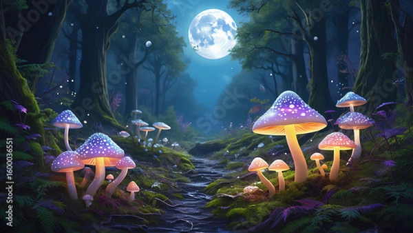 Fototapeta Magical Forest with Glowing Mushrooms in Violet, Pink, and White – Soft Light Fantasy Landscape