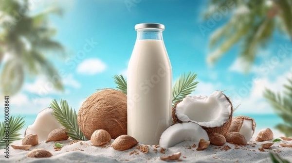 Fototapeta Coconut juice bottle with fresh coconuts and sky background