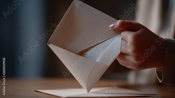 Obraz Hand opening a light beige envelope