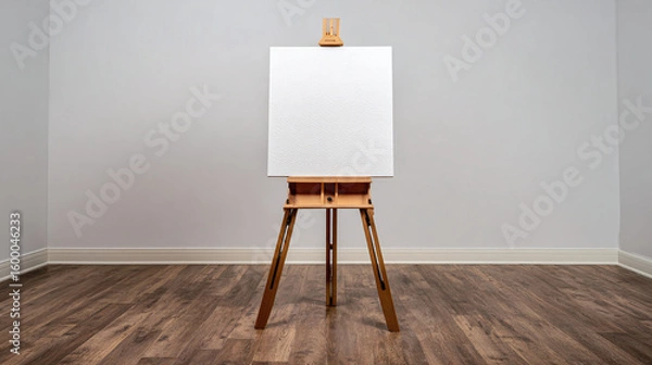 Fototapeta An easel stands ready, a blank canvas awaiting artistic expression. Wood floors and plain walls provide a simple yet inspiring backdrop.