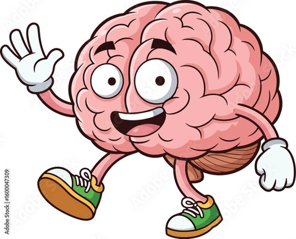 Fototapeta Cartoon brain character waving hello and walking happily