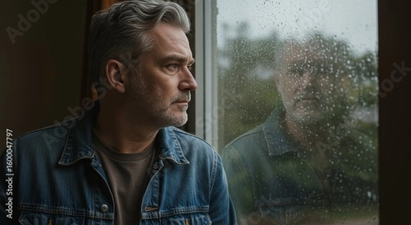 Fototapeta A thoughtful man contemplating life while looking through a rain-streaked window pane