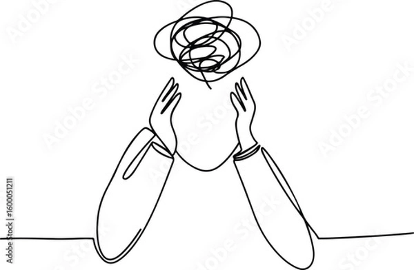 Fototapeta Continuous one line drawing of person with confused messy feelings worried about bad mental health. Work burnout and anxiety concept in simple linear style. Editable stroke. Vector illustration