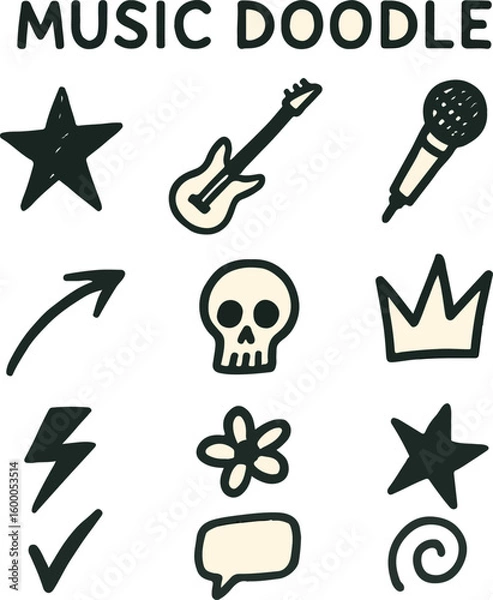 Obraz Hand Drawn Music Themed Doodle Elements – Sketch Style Icons with Guitars, Notes, Lightning, and Symbols for Creative Design

