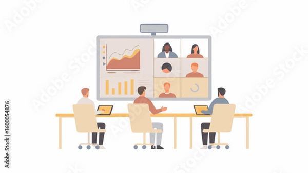 Fototapeta Illustration of a business meeting with remote participants on a large display screen in a conference room