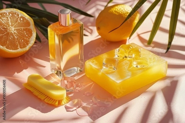 Fototapeta Minimalist flat lay of cleaning supplies  yellow sponge, brush, and soap on soft peach background